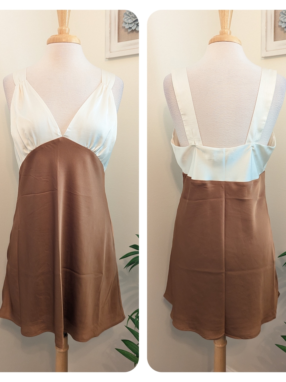 Abercrombie & Fitch Two Tone Slip Mini Dress Cream Brown Large